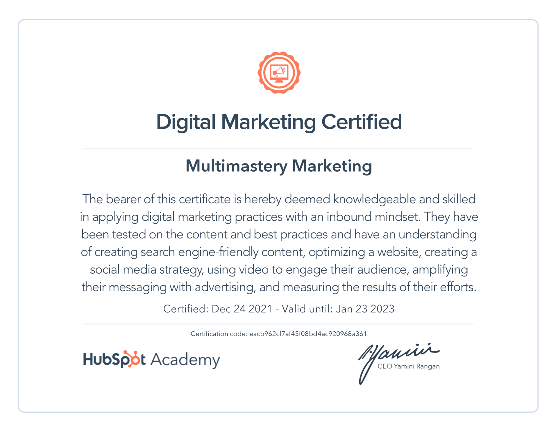 Multimastery Marketing - HubSpot Academy Digital Marketing Certification