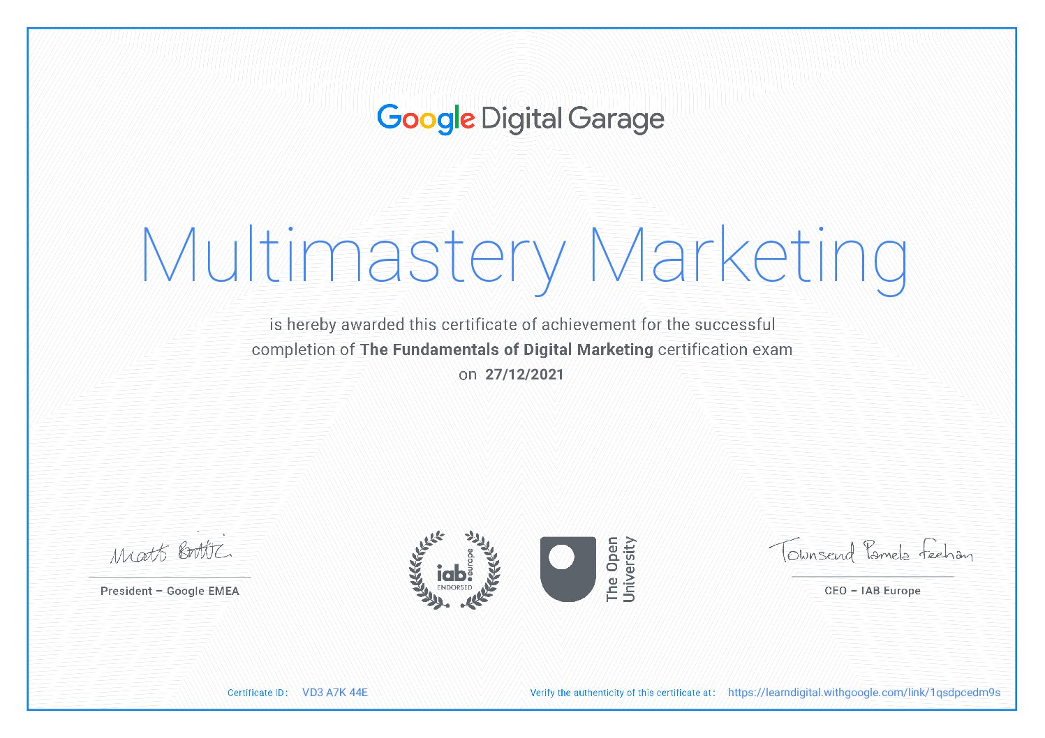 Multimastery Marketing - Google Digital Garage Certification