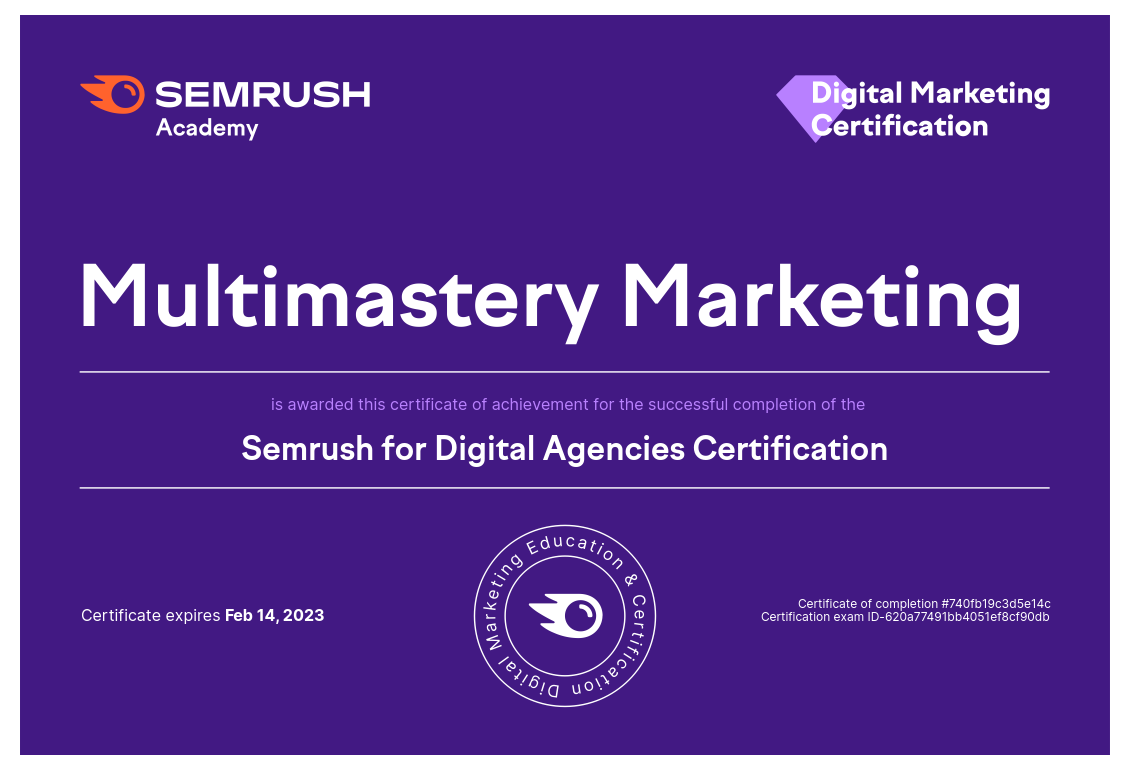 Multimastery Marketing - Semrush for Digital Agencies Certification